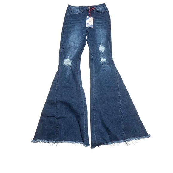 YMI Gigi Fit High-Waisted Flared Jeans Womens JR Sz 9/29 Waist Distressed Denim - Picture 1 of 10